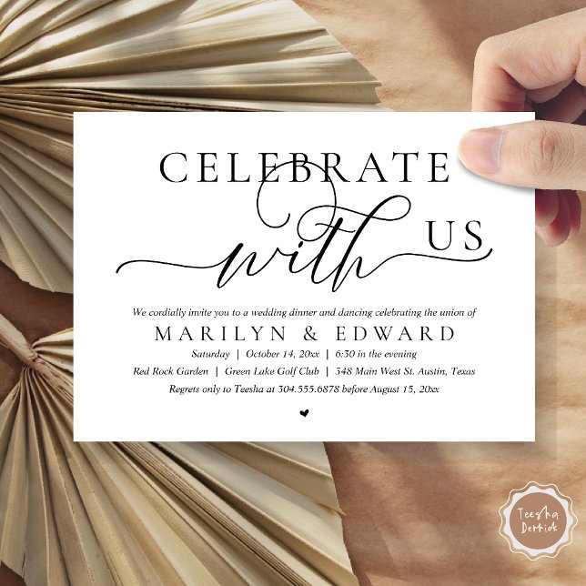Invitación Celebra con nosotros, Boda Elopement Dinner (Celebrate with us, Modern Romantic Wedding Elopement Dinner Invitation Card, PDF, in Black and White)