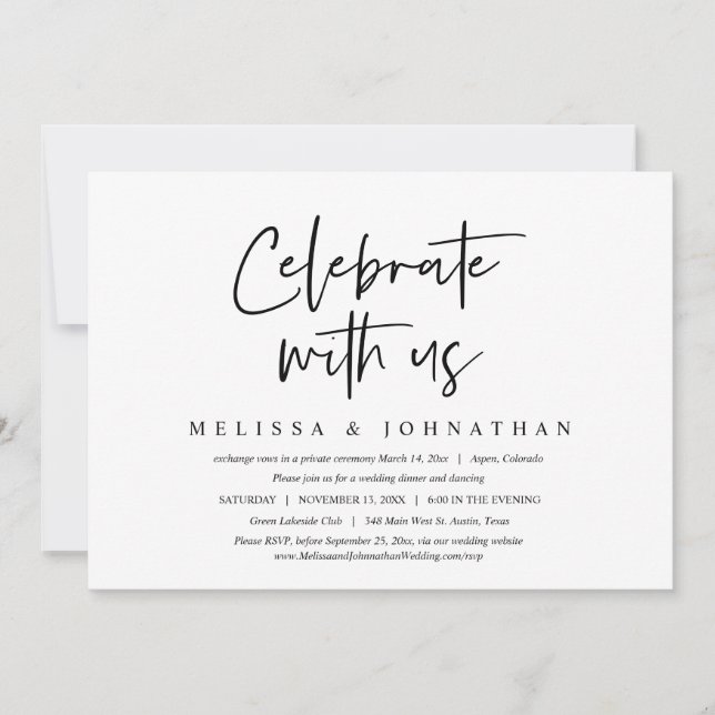 Invitación Celebra con nosotros, Boda Elopement Dinner (Anverso)