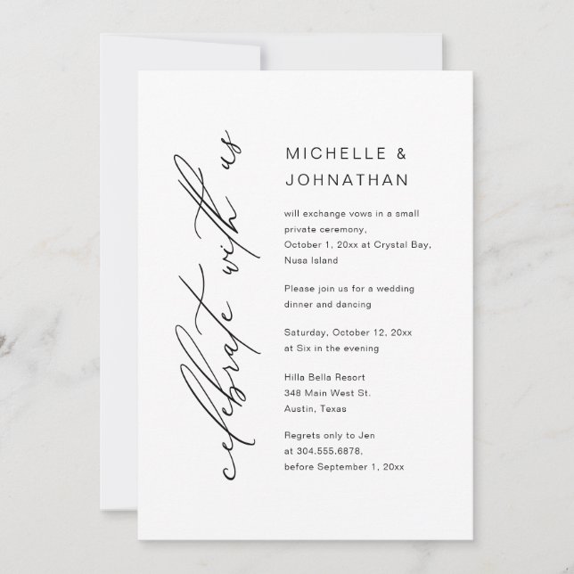 Invitación Celebra con nosotros, Boda Elopement Dinner Fiesta (Anverso)