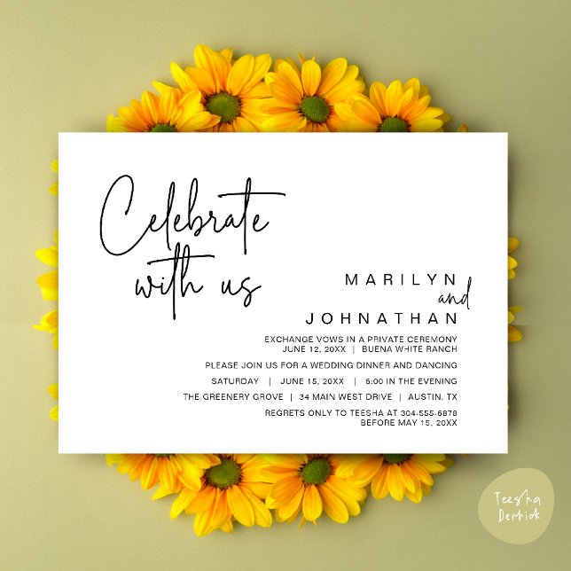 Invitación Celebra con nosotros, Boda Elopement Dinner Fiesta (Celebrate with us, Modern Wedding Elopement Dinner Lunch Brunch Party Invites Card PDF White Black)