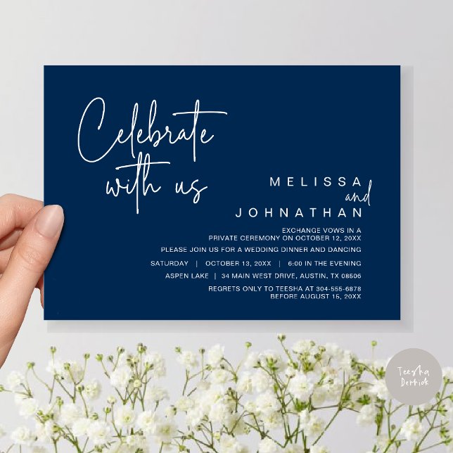 Invitación Celebra con nosotros, Boda Elopement Dinner Fiesta (Celebrate With Us, Wedding Elopement Dinner Invitation Card, PDF, in Navy Blue)