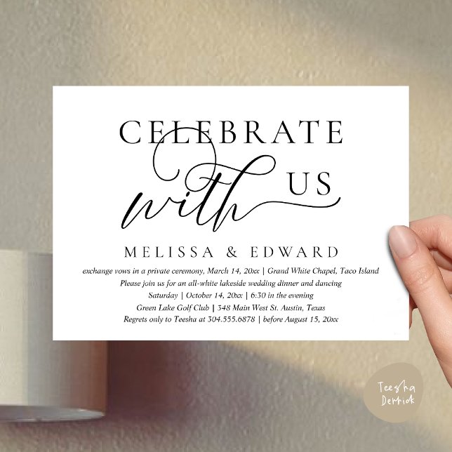 Invitación Celebra con nosotros, Boda Elopement Dinner Fiesta (Celebrate with us, Wedding Elopement Dinner Party Lunch Brunch Invitation Card PDF Black White)