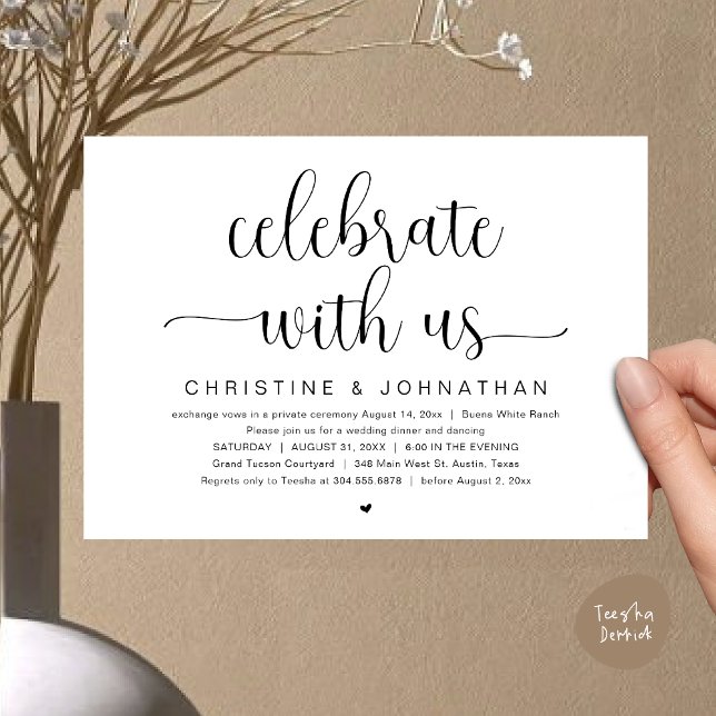 Invitación Celebra con nosotros, Boda Elopement Dinner Fiesta (Celebrate with us, Wedding Elopement Dinner Party Dancing Invites Card, pdf, classy black white)