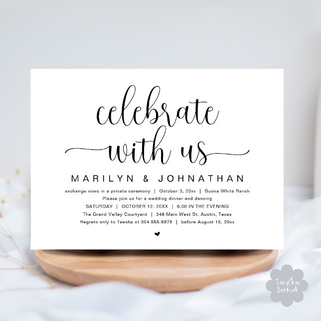 Invitación Celebra con nosotros, Boda Elopement Dinner Fiesta (Celebrate with us, Wedding Elopement Dinner Party Dancing Invitation Card PDF White Black)