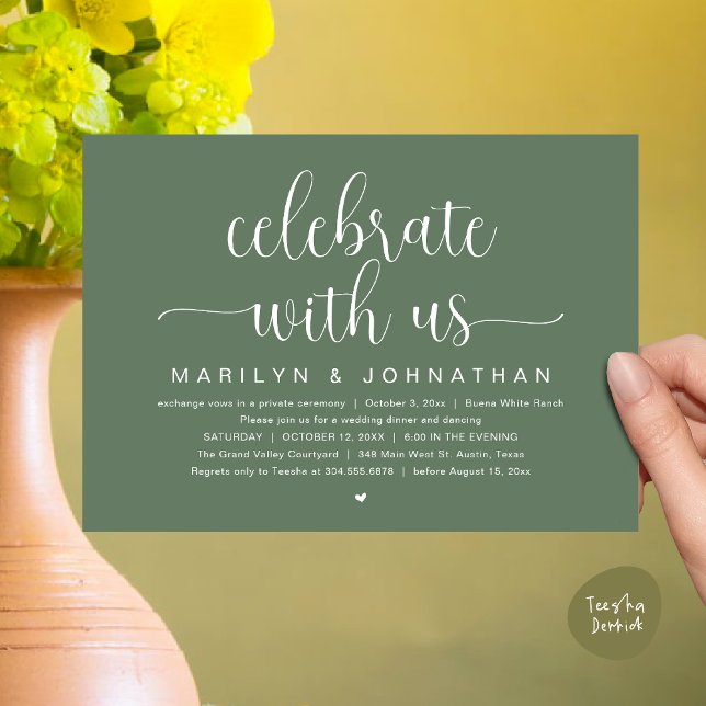Invitación Celebra con nosotros, Boda Elopement Dinner Fiesta (Celebrate with us, Wedding Elopement Dinner Party Dancing Invitation Card PDF Greenery Sage Green)