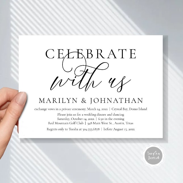 Invitación Celebra con nosotros, Boda Elopement Dinner Fiesta (Celebrate with us, Modern Wedding Elopement Dinner Invitation Card, PDF, Modern Romantic Black White)