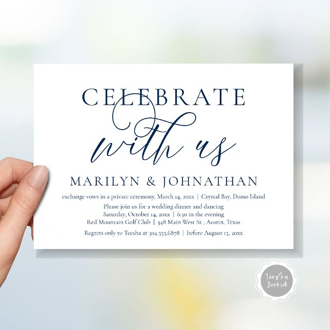 Invitación Celebra con nosotros, Boda Elopement Dinner Fiesta (Celebrate with us, Modern Wedding Elopement Dinner Invitation Card, PDF, Modern Romantic Navy Blue)