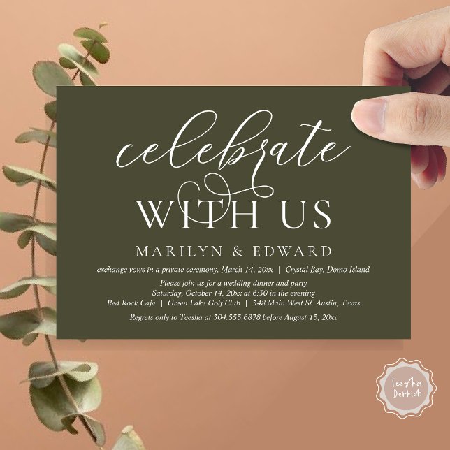 Invitación Celebra con nosotros, Boda Elopement Fiesta (Celebrate With Us, Modern Wedding Dinner Invitation Card, PDF, in Olive Green)