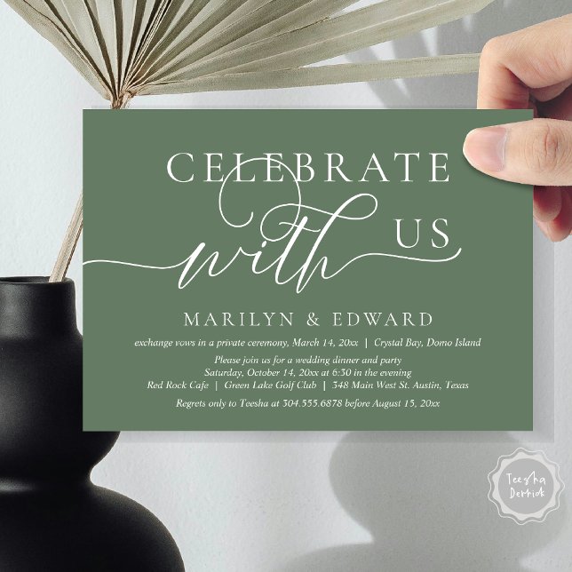 Invitación Celebra con nosotros, Boda Elopement Fiesta (Celebrate with us, Wedding Elopement Party Invitation Card, PDF, Modern Elegant, in Sage Green)