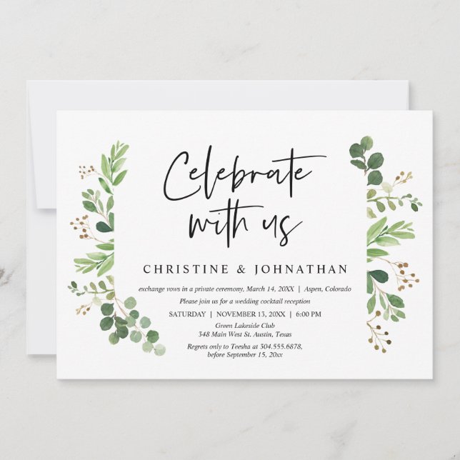 Invitación Celebra con nosotros, Boda Elopement Fiesta (Anverso)