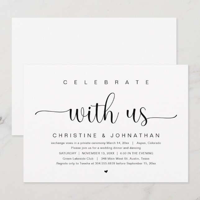 Invitación Celebra con nosotros, Boda Elopement Fiesta (Anverso / Reverso)