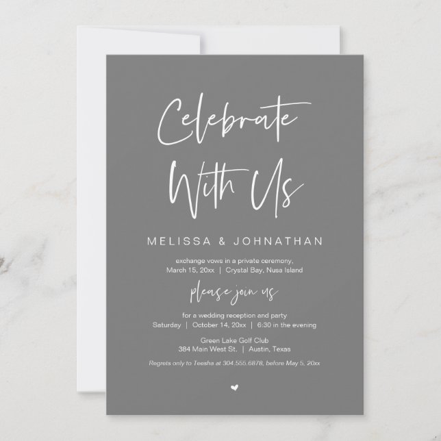Invitación Celebra con nosotros, Boda Elopement Fiesta, Gray (Anverso)