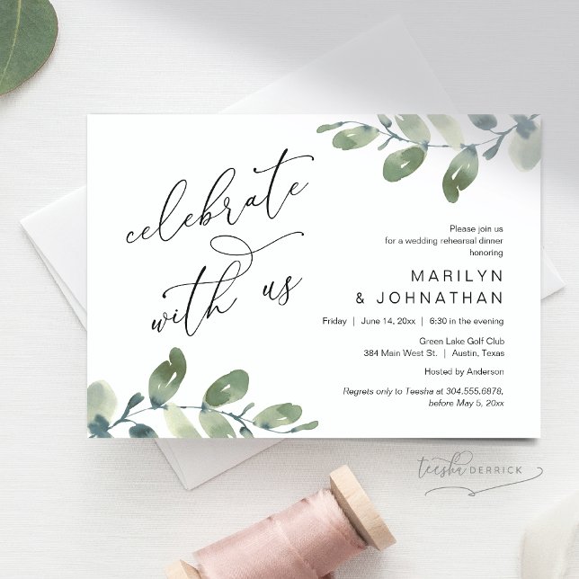 Invitación Celebra con nosotros, Boda Ensayo Cena (Celebrate with us, Wedding Rehearsal Dinner Invitation Card, Downloadable, Greenery Eucalyptus theme)