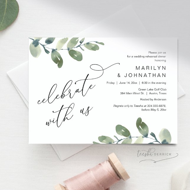 Invitación Celebra con nosotros, Boda Ensayo Cena (Celebrate with us, Wedding Rehearsal Dinner Invitation Card, Downloadable, Greenery Eucalyptus theme)