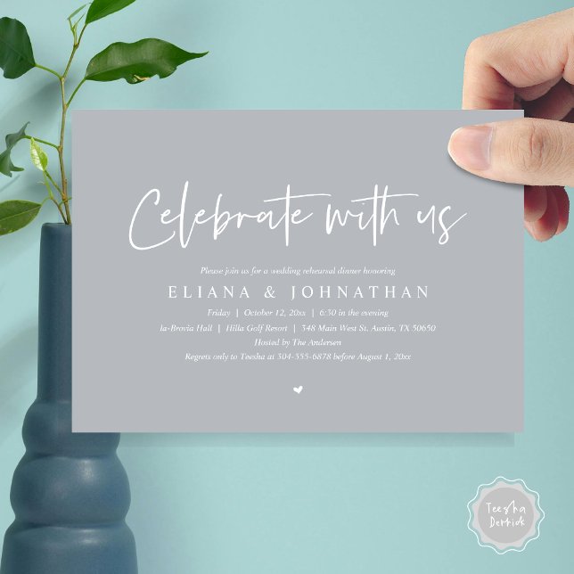 Invitación Celebra con nosotros, Boda Ensayo Cena (Celebrate with us, Wedding Rehearsal Dinner Party Invitation Card, PDF, Modern Casual, in Chill Grey)