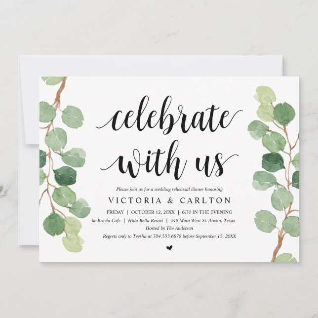 Invitación Celebra con nosotros, Boda Ensayo Cena (Anverso)