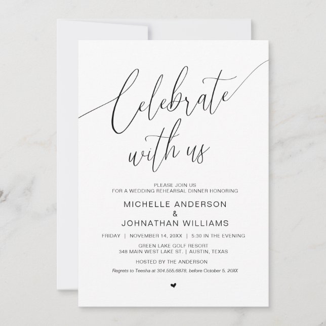 Invitación Celebra con nosotros, Boda Ensayo Cena (Anverso)