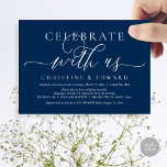 Invitación Celebra con nosotros, Boda Fiesta Elopement Invita<br><div class="desc">Moderno y romántico minimalista Simple Caligrafía Navy Blue Script,  Boda Elopement Dinner o tarjeta de invitación de fiesta (Celebrar con nosotros). Es perfecto para su invitación de fugas de boda y celebración de fiestas,  después de su mejor día. Añade tus detalles en letras o letras negras coincidentes. Teesha Derrick</div>