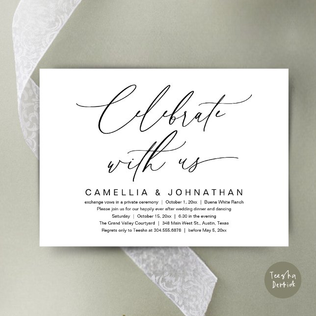 Invitación Celebra con nosotros, Boda romántico Fiesta de cen (Romantic Wedding Dinner Party, Celebrate with us Lunch Brunch Modern Invites Card  PDF White Black)
