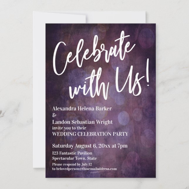 Invitación ¡Celebra Con Nosotros! Caligrafía con Bokeh Grunge (Anverso)