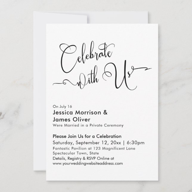 Invitación Celebra con Nosotros Caligrafía Elegante Blanco Ne (Anverso)