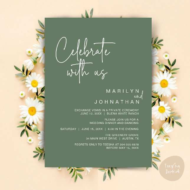 Invitación Celebra con nosotros, Cena de Boda Intima (Celebrate with us, Modern Wedding Elopement Dinner Lunch Brunch Party Invites Card PDF Sage Green)