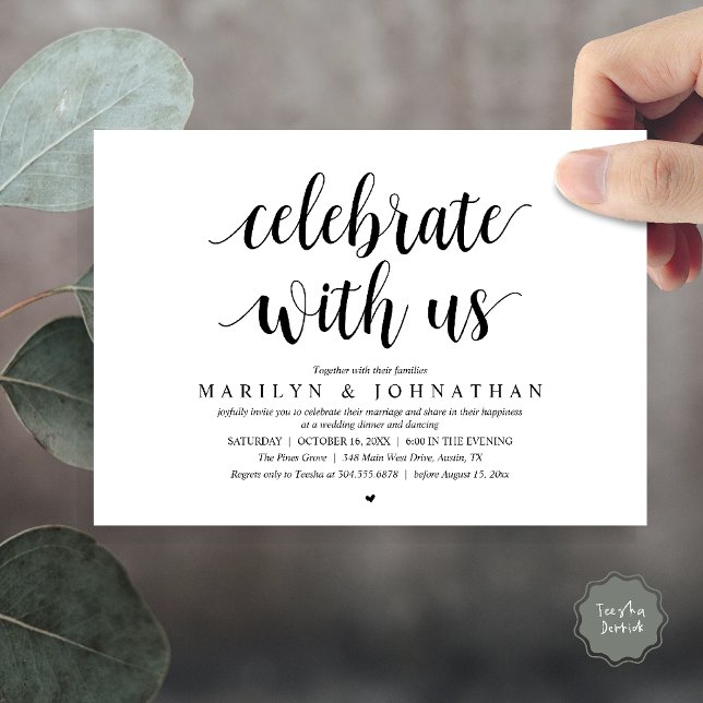 Invitación Celebra con nosotros, Cena de Boda Intima Moderna (Celebrate with us, Modern Wedding Elopement Dinner Lunch Brunch Invitation Card in Black and White)
