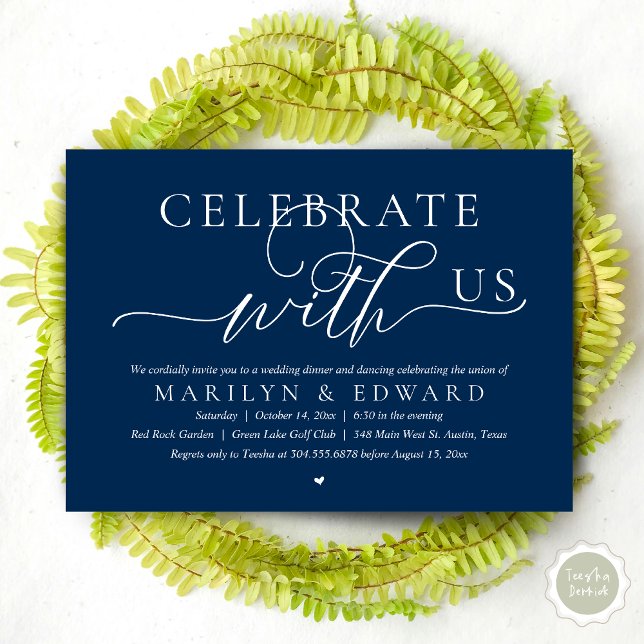 Invitación Celebra con nosotros, Cena de Elopement de Boda (Celebrate with us, Modern Romantic Wedding Elopement Dinner Invitation Card, PDF, in Navy Blue)