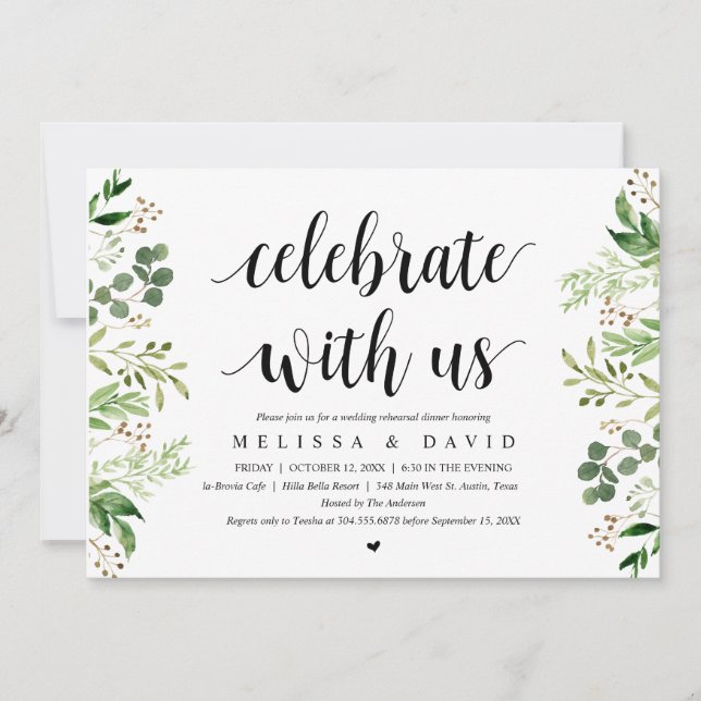 Invitación Celebra con nosotros, cena de ensayo de Wed verde (Anverso)