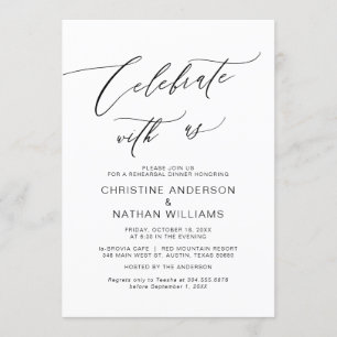 Invitación Celebra con nosotros, cena de ensayo negra y Boda