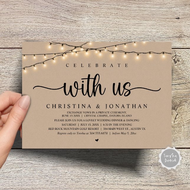 Invitación Celebra con nosotros, el Elopement de la cena de B (Celebrate with us, Rustic Wedding Dinner Elopement Invitation Card, PDF, String Lights Brown Kraft)