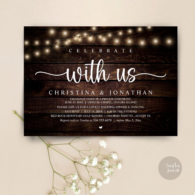 Invitación Celebra con nosotros, el Elopement de la cena de B (Celebrate with us, Rustic Wedding Dinner Elopement Invitation card, pdf, in cottage dark wood)