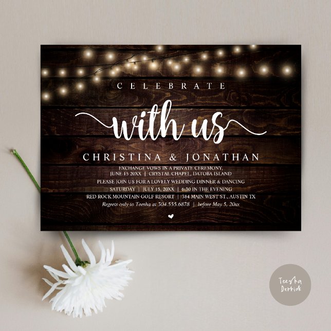 Invitación Celebra con nosotros, el Elopement de la cena de B (Celebrate with us, Rustic Wedding Dinner Elopement Invitation card, pdf, in cottage dark wood)