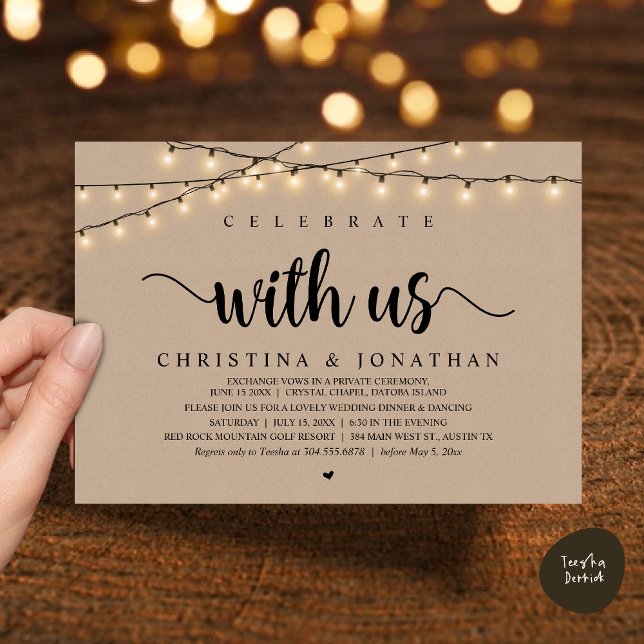 Invitación Celebra con nosotros, el Elopement de la cena de B (Celebrate with us, Rustic Wedding Dinner Elopement Invitation Card, PDF, String Lights Brown Kraft)