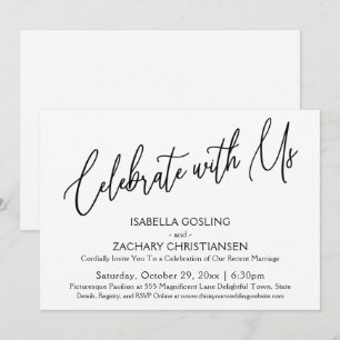 Invitación Celebra con nosotros elegante letra manuscrita B&W