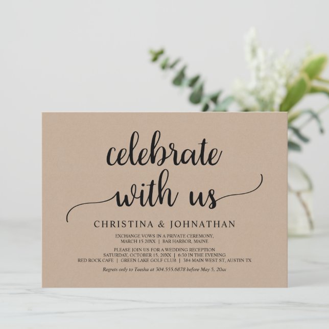 Invitación Celebra con nosotros, Elopement marrón kraft (Anverso de pie)