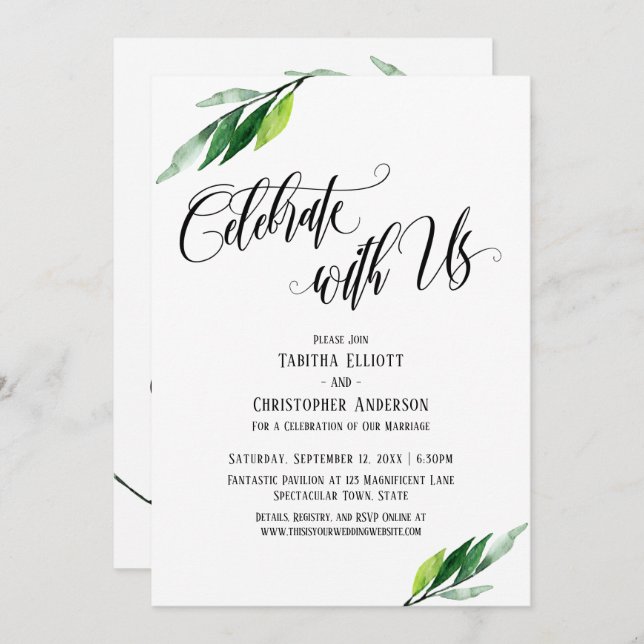 Invitación Celebra con Nosotros Escritura Elaborada y Follaje (Anverso / Reverso)