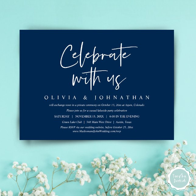 Invitación Celebra con nosotros, Fiesta de Boda Informal y Hu (Celebrate with us, Wedding Elopement Invitation Dinner, Lunch, Brunch Party, Card, PDF, Navy Blue)