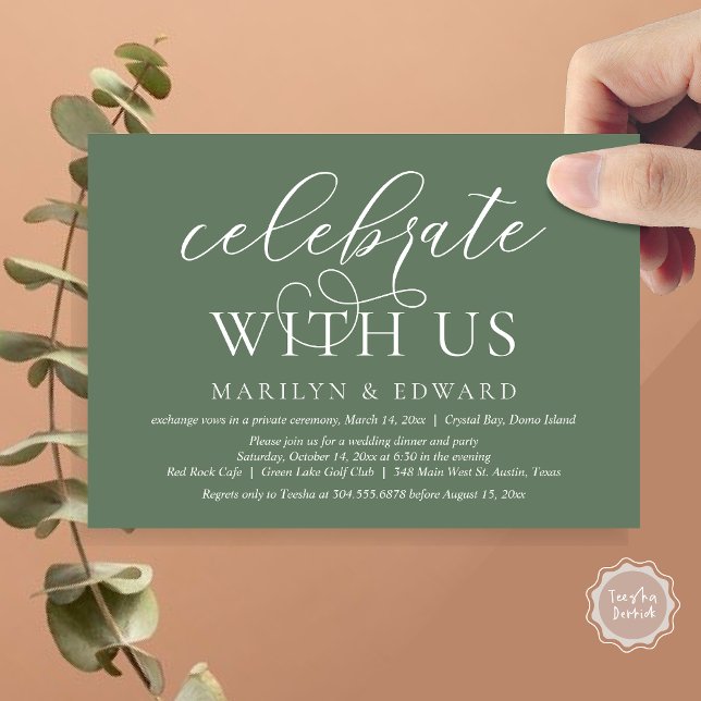 Invitación Celebra con nosotros, Fiesta de Boda Intima (Celebrate With Us, Modern Wedding Dinner Invitation Card, PDF, in Forest Sage Green)