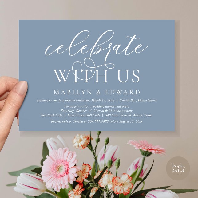 Invitación Celebra con nosotros, Fiesta de Boda Intima (Celebrate With Us, Modern Wedding Dinner Invitation Card, PDF, in Dusty Blue)