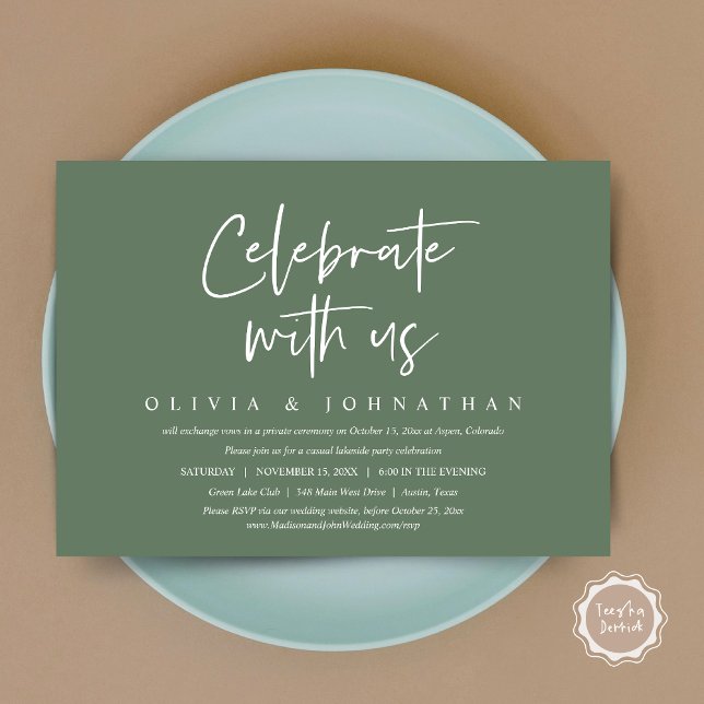 Invitación Celebra con nosotros, Fiesta de Casual Boda Elopem (Celebrate With Us, Wedding Elopement Brunch, Lunch, Dinner Party Invitation Card, PDF, Sage Green)
