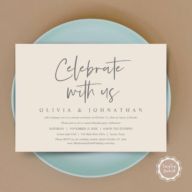 Invitación Celebra con nosotros, Fiesta de Casual Boda Elopem (Celebrate With Us, Wedding Elopement Brunch, Lunch, Dinner Party Invitation Card, PDF, Cream Grey)