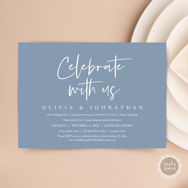 Invitación Celebra con nosotros, Fiesta de Casual Boda Elopem (Celebrate With Us, Wedding Elopement Brunch, Lunch, Dinner Party Invitation Card, PDF, Dusty Blue)