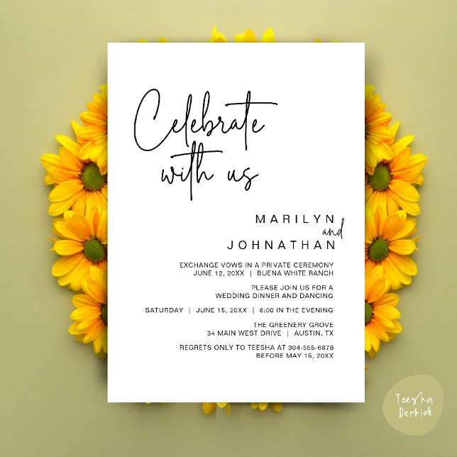 Invitación Celebra con nosotros, Fiesta de Cena de Boda Intim (Celebrate with us, Modern Wedding Elopement Dinner Lunch Brunch Party Invites Card PDF White Black)