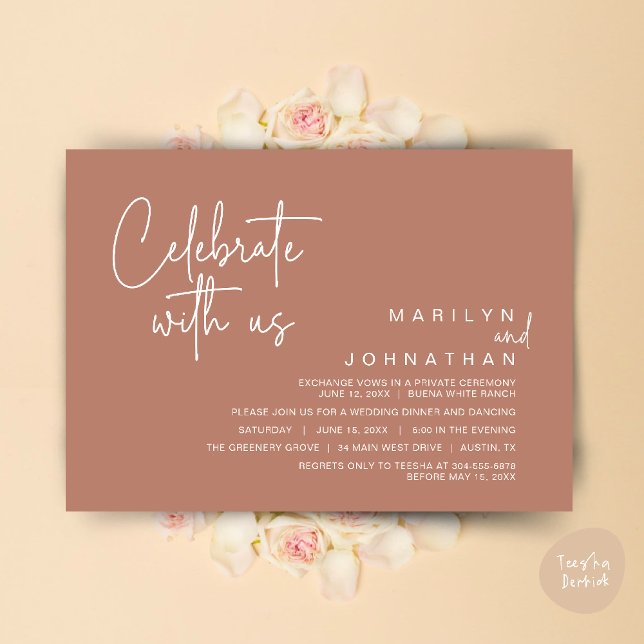 Invitación Celebra con nosotros, Fiesta de Cena de Elopamient (Celebrate with us, Modern Wedding Elopement Dinner Lunch Brunch Party Invites Card PDF Earthy Brown)
