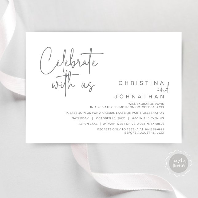Invitación Celebra con nosotros, Fiesta de Elopamiento Post B (Celebrate with us, Modern Wedding Elopement Dinner Party Invitation Card, PDF, in Dark Grey)