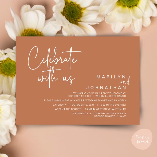 Invitación Celebra con nosotros, Fiesta de Elopement Post Bod (Celebrate with us, Post Wedding Elopement Party Dinner Brunch Lunch Invitation Card PDF Copper Brown)