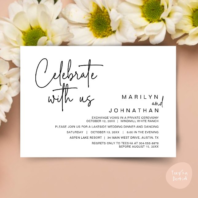 Invitación Celebra con nosotros, Fiesta de Elopement Post Bod (Celebrate with us, Post Wedding Elopement Party Dinner Brunch Lunch Invitation Card PDF Black White)