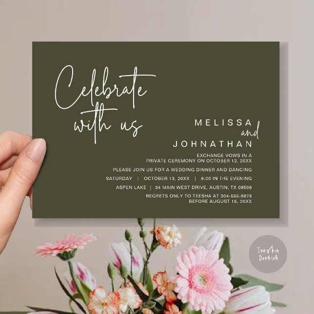 Invitación Celebra con nosotros, Fiesta de Elopement Post Bod (Celebrate with us, Post Wedding Elopement Dinner Party Invitation Card, PDF, in Olive Green)