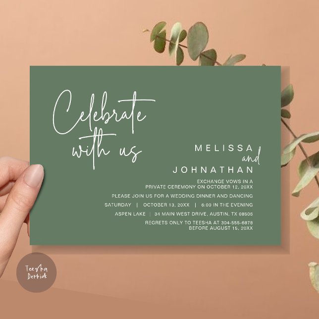 Invitación Celebra con nosotros, Fiesta de Elopement Post Bod (Celebrate with us, Post Wedding Elopement Dinner Party Invitation Card, PDF, in Sage Green)
